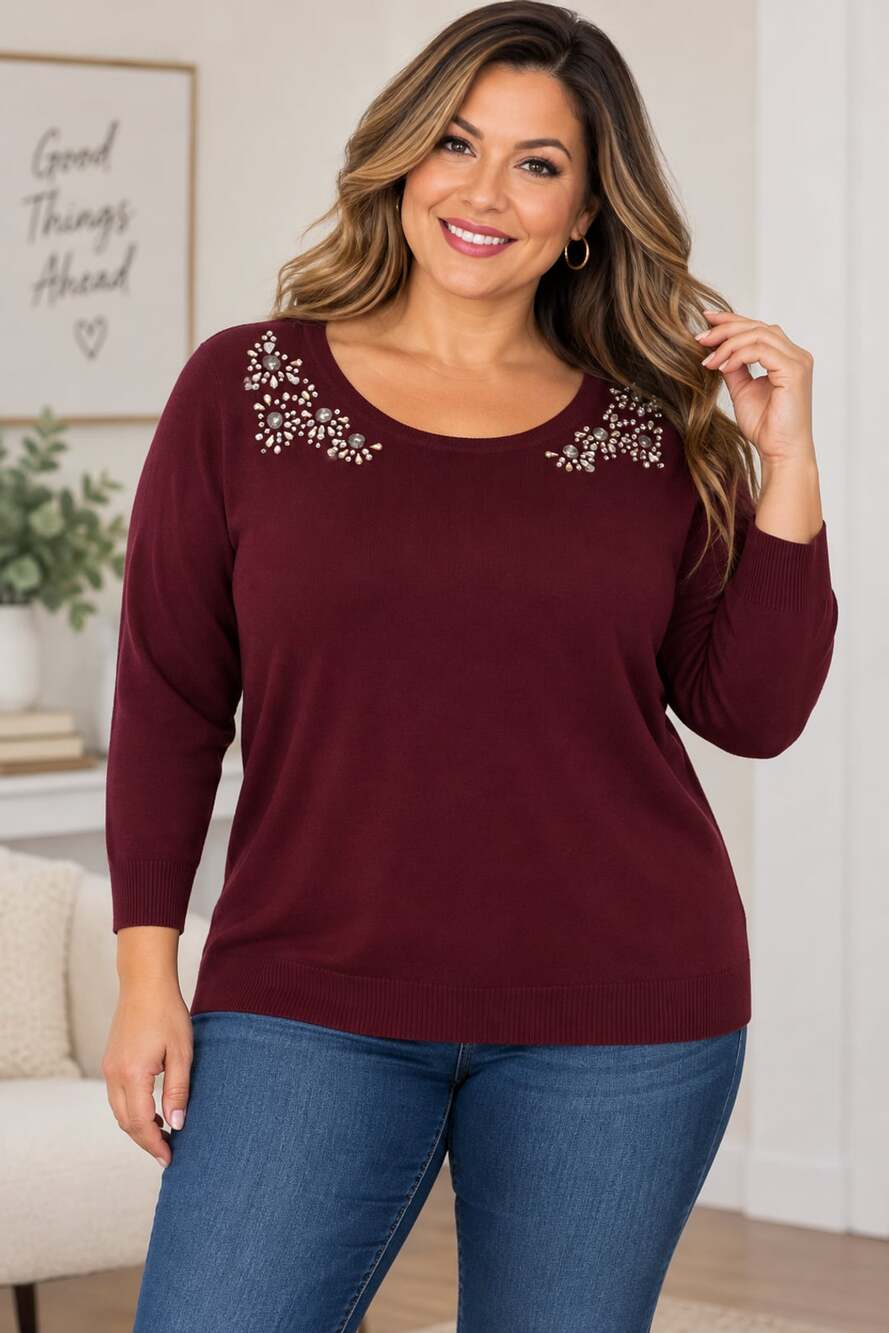 NWT Carolyn Taylor 3/4 Slv Scoop Nk Po W Heat Set Emb Size L Burgundy SweaterSIZ